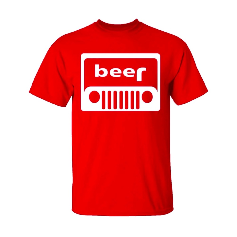 Gildan Red & White Short Sleeve Beer Jeep Cotton Graphic Tee Mens Size M